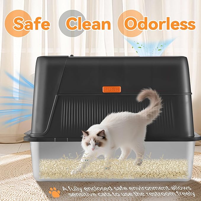 Odor-Control Stainless Steel Litter Box, 135° Flip-Top Metal Cat Litter Box with Electric Deodorization, Enclosed High Sided Litter Pan, Breeze Litter Box System, Anti-Urine Leakage