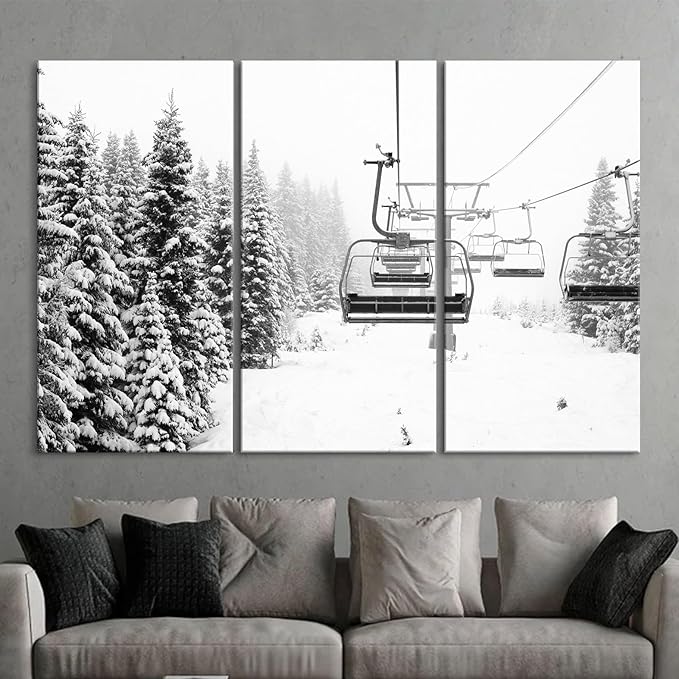 Nature Wall Art Prints - Ocean Forest Mountain Lake Canvas Landscapes - Small to Extra Large Living Room Bedroom Kitchen Bathroom Décor (Ski Lift on Snowy Mountain, 35L" x 53W" - 3 Panels)