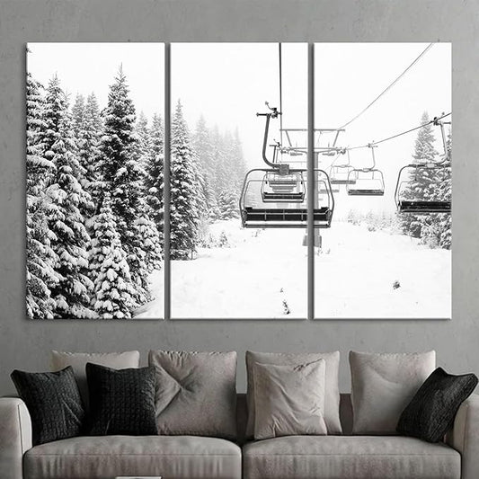 Nature Wall Art Prints - Ocean Forest Mountain Lake Canvas Landscapes - Small to Extra Large Living Room Bedroom Kitchen Bathroom Décor (Ski Lift on Snowy Mountain, 31L" x 47W" - 3 Panels)