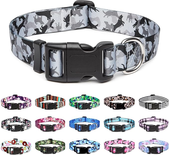 Mercano Adjustable Dog Collar - Special Design Patterns, Soft Nylon Comfortable Sturdy Pet Collar for Small Medium Large Dogs (S, Dog Camouflage Grey)