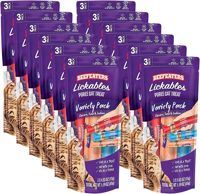 Beefeaters Cat Treats Lickable Puree 1.59oz (12-Pack) – Chicken, Grain-Free, Taurine-Enriched, Ideal for Training & Interactive Feeding