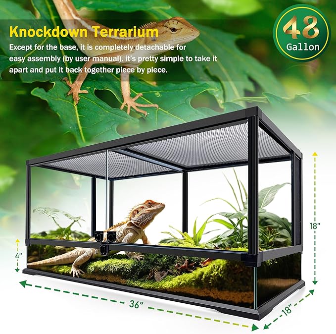 48 Gallon Professional Glass Terrarium 36"x18"x18" Durable Reptile Habitat Tank with Heat Resistant Aluminum Alloy Frame, Dual Front Swinging Doors for no Jam by Sand and Other Debris