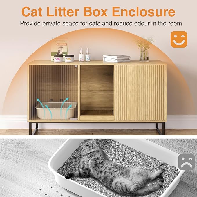 Litter Box Enclosure for 2 Cats, Fluted Hidden Cat Litter Box Furniture with Scratch Pad and Metal Legs, Modern Double Room Kitty House for Living Room, Washroom, 47.2”L x 17.7”W x 25.9”H, Natural