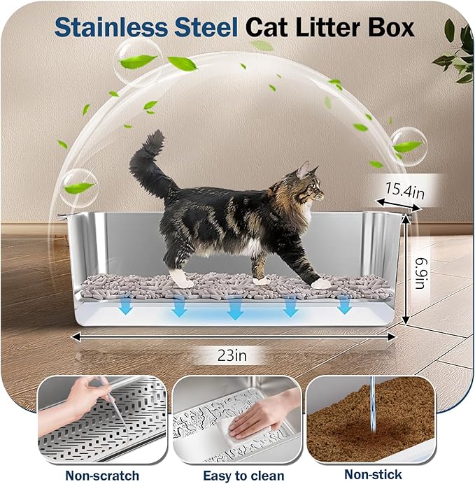 Stainless Steel Sifting Litter Box with Lid, Metal Litter Pan with Scoop for Big Cats Multi Cat, Extra Large Cats Litterbox Odor Control Easy Clean (23*15.4*6.9inch-Without Enclosure, X-Large)