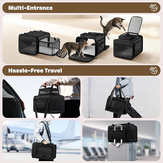 Top and 2 Sides Expandable Cat Carrier 17x11x11, TSA Airline Approved Dog Carriers for Medium Dogs, Soft-Sided Pet Carrier with Self-Locking Zippers for Kitten,Rabbit, Puppy, Guinea Pig Black