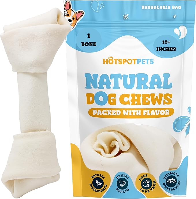 hotspot pets 10 Inch Large Rawhide Dog Bones - Made from Grass Fed Cows - Long Lasting Chews Great for Dental & Oral Care - Bones for Aggressive Chewers & Large Dogs (10 Inch - 1 Count)