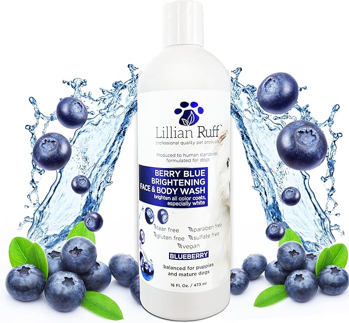 Lillian Ruff PRO Formula Berry Blue Brightening Pet Shampoo - Ultra-Hydrating Professional Whitening Dog Shampoo, Vivid Show-Quality Coat Enhancer, Tear Stain & Odor Eliminator With ProVitamin B5 16oz