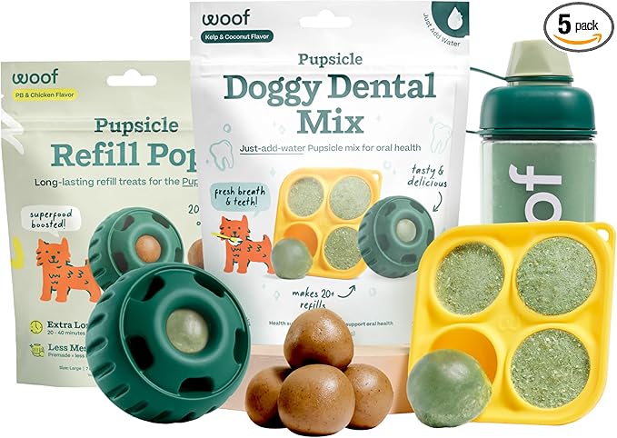 WOOF Dental Kit- Includes Pupsicle Dog Toy, Treat Tray, Shaker Bottle, Chicken Pupsicle Pops, and Dog Teeth Cleaning Powder - Supports Oral Health for Dogs - Large