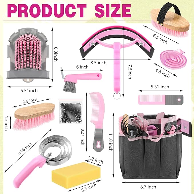 Abbylike 12 Pieces Horse Grooming Kit with Organizer Tote Bag Tack Room Supplies Horse Brush Sets Equine Care Cleaning Kit Shedding Grooming Massaging Tools(Pink and Grey)