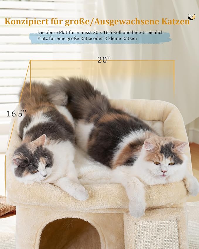 14in Cat Tree Tower with Large Perch, 20 * 16.5 Inch Top Bed for Adult Cats, Scratching Post with Bed for Kittens, Beige