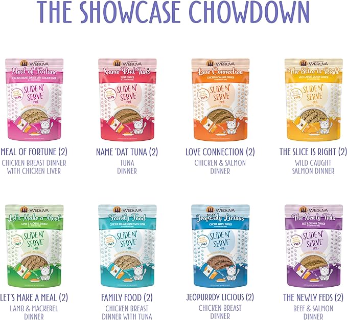 Weruva Slide N' Serve Paté Wet Cat Food, The Showcase Chowdown Variety Pack, 2.8oz Pouch, Pack of 16