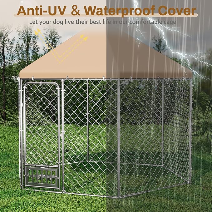 Outdoor Dog Kennel with Cover, Large Dog Run Fence House Big Cage Pen Enclosure, Heavy Duty Dogs Play Cage Pen Kennel (110" L x 95" W x 92.8" H)