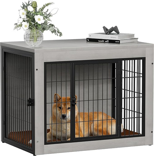 Bigrab Dog Crate Furinture with Thick Cushion, Side End Table Wooden Dog Cage with Double Doors, Chew-Resistant Dog Kennel Dog House Indoor for Small to Large Dog, M (Grey)