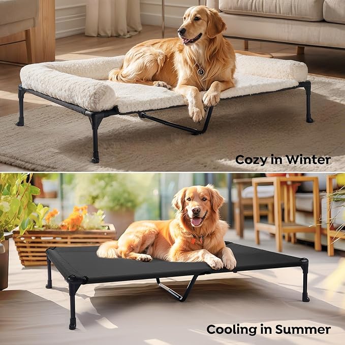 Veehoo Cooling Elevated Dog Bed Add Removable Deluxe Rose Plush Bolster Cushion Mat, 47" x 29" Washable Dog Couch Bed, Raised Pet Cot with Breathable Teslin Mesh, No-Slip Feet, White, CWC2439B