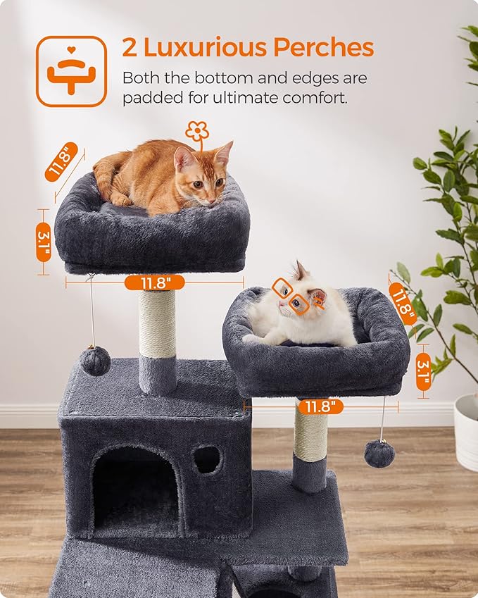 Feandrea Cat Tree, 66.1-Inch Large Cat Tower with 13 Scratching Posts, 2 Perches, 2 Caves, Basket, Hammock, Pompoms, Multi-Level Plush Cat Condo for Indoor Cats, Smoky Gray UPCT165G01