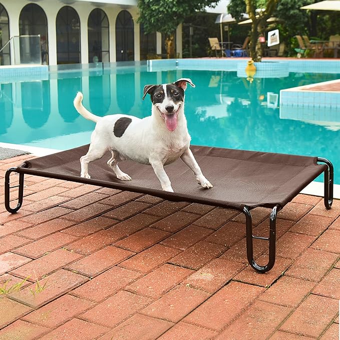 pettycare Elevated Outdoor Dog Bed - Raised Cots Beds for Small Dogs, Waterproof Pet Hommock Easy to Assemble, Cooling with Teslin Mesh, Durable, Non Slip, Indoor & Outdoor, Up to 35 lbs, Brown