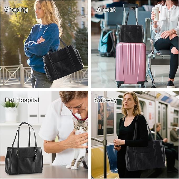 Fashion Dog Carrier Purse, Premium Leather Cat Carrier Bag, Airline Approved Soft Sided Pet Travel Tote Bag with Pockets Black