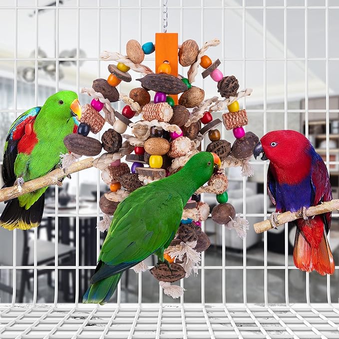 Deloky Large Parrot Bird Chewing Toys, Natural Nuts Corn Parrot Tearing Toy, Wooden Bird Cage Toy for African Grey, Macaws Cokatoos, Amazon Parrots and Other Large Birds