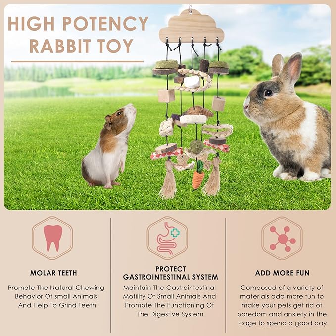 Bissap Rabbit Chew Toy, Bunny Cage Hanging Chew Toys and Treats Wooden with Snacks for Guinea Pigs Chinchillas Hamsters Rats and Other Small Pets Teeth Grinding