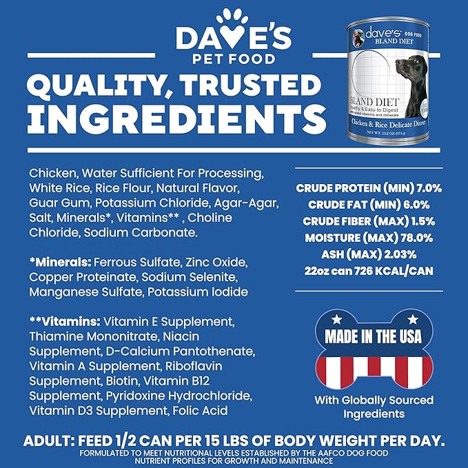 Dave's Dog Food Bland Diet Dog Food for Sick Dogs with Upset Stomach (Chicken & Rice), Economy Size for Large Pups or Big Eaters, Sensitive Stomach, 22 oz (Case of 12)