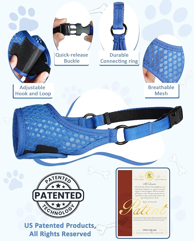 LUCKYPAW Dog Muzzle, Soft Muzzles for Large Medium Small Dogs to Prevent Biting Chewing with Ring and Adjustable Strap for Vet Visit Training (Blue, S)