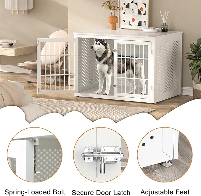 42" Heavy Duty Dog Crate Furniture for Large and Medium Dogs, Enclosed Design Wooden Metal Kennel, Wooden Cage Furniture Indoor, Decorative Dog Kennel End Table
