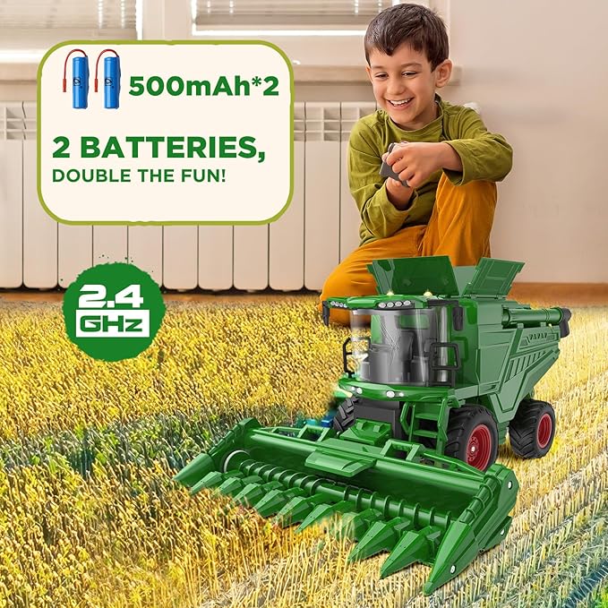 Remote Control Combine Harvester Tractor Toy with Corn Head, RC Tractor Toys for Kids 3+, Light/Spray/Sound/1/24 Scale, Farm Toy Combine Harvester for Kids, Christmas Birthday Gift 2025