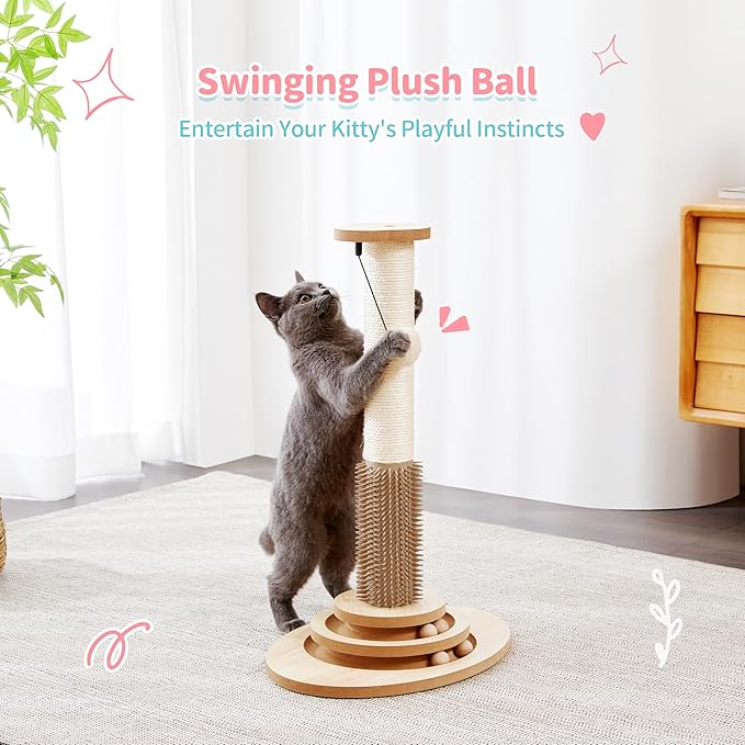 Made4Pets Cat Scratching Post, 23" Tall Sisal Cat Scratcher Post with Self Groomer, 4-in-1 Interactive Trackball Toys with Hair Brush, Vertical Cat Climbing Tree with Dangling Plush Balls