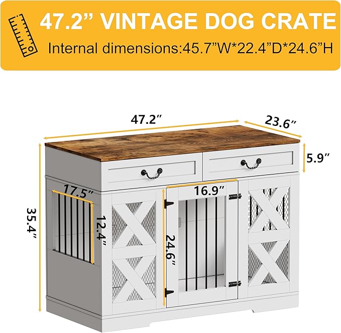 Large Dog Crate Furniture - Dog Kennel with Drawers Storage and Locks, 2-in-1 Crates for Dogs Indoor, Heavy Duty Dog Crate for One Large or 2 Small Dogs