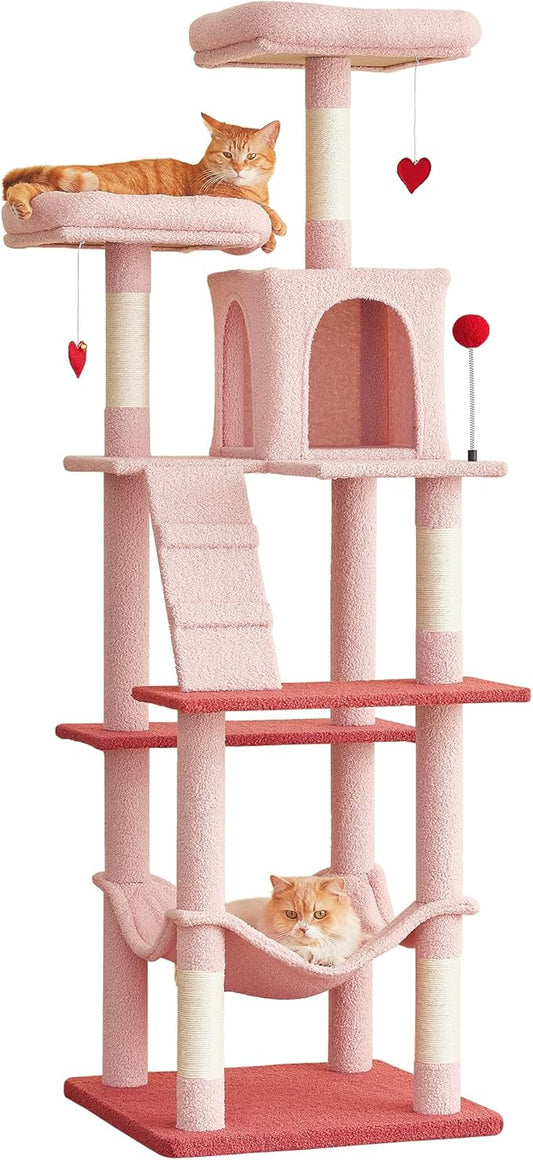 MWPO Cute Cat Tree, 70.1-Inch Tall Pink Cat Tower for Indoor Cats Large Adult, Multi-Level Cat Condo with 5 Scratching Posts, 2 Padded Perches, Hammock, Dangling Toys