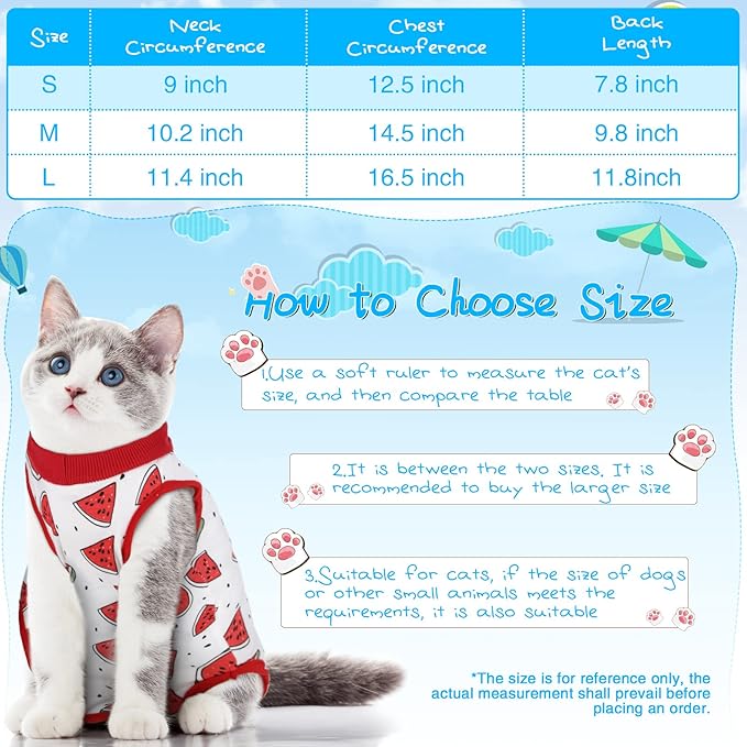 Nuanchu 3 Pieces Cat Recovery Suit Kitten Recovery Suit E-Collar Alternative for Cats and Dogs Abdominal Skin Anti Licking Pajama Clothes Sets(Watermelon Pattern,Small)