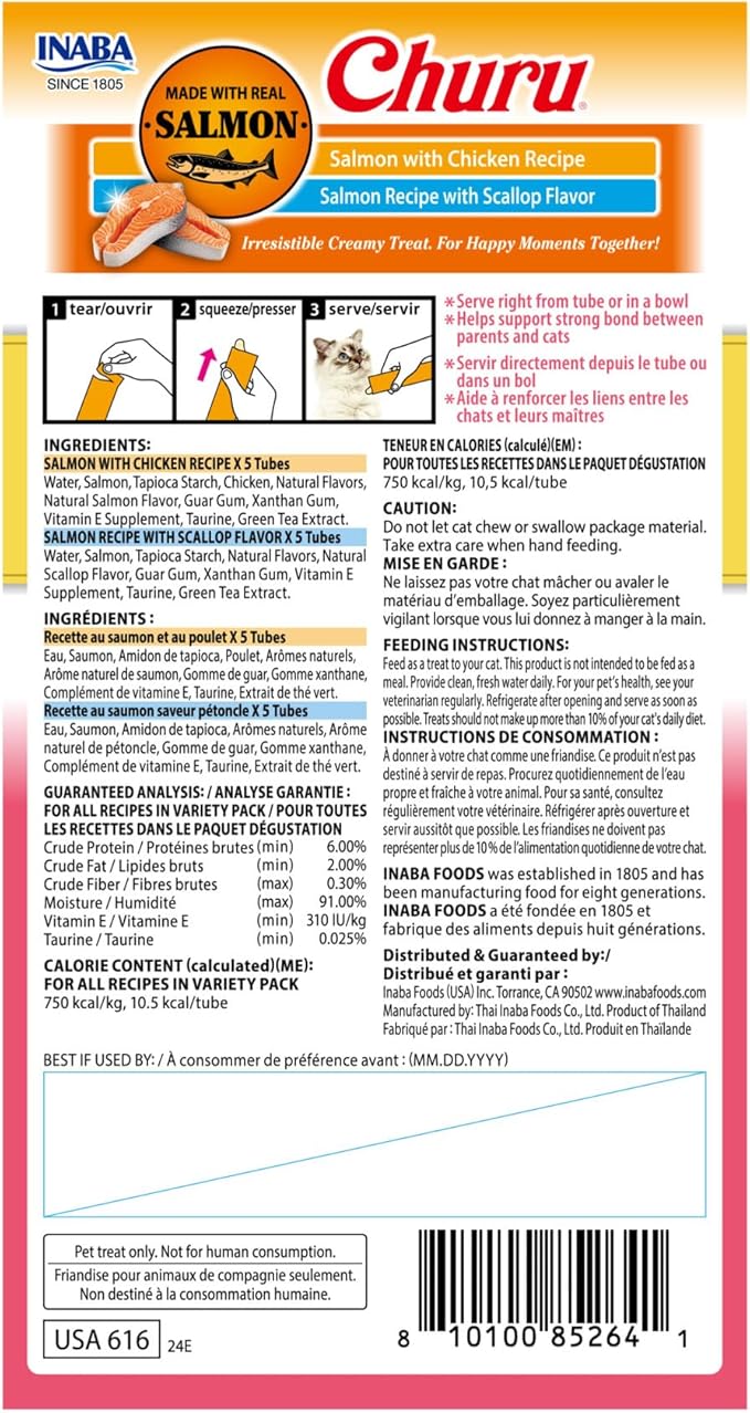 INABA Salmon Churu Cat Treats, Lickable, Squeezable Creamy Purée Cat Treat with Green Tea Extract & Taurine, 0.5 Ounces Each Tube, 10 Tubes, Scallop & Chicken Variety