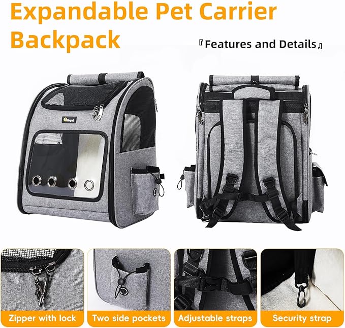 Hoopet Expandable Cat Backpack Carrier – Breathable Pet Carrier for Small Cats & Dogs, Foldable Travel Backpack with Mesh Ventilation for Hiking, Walking, Camping, Light Grey