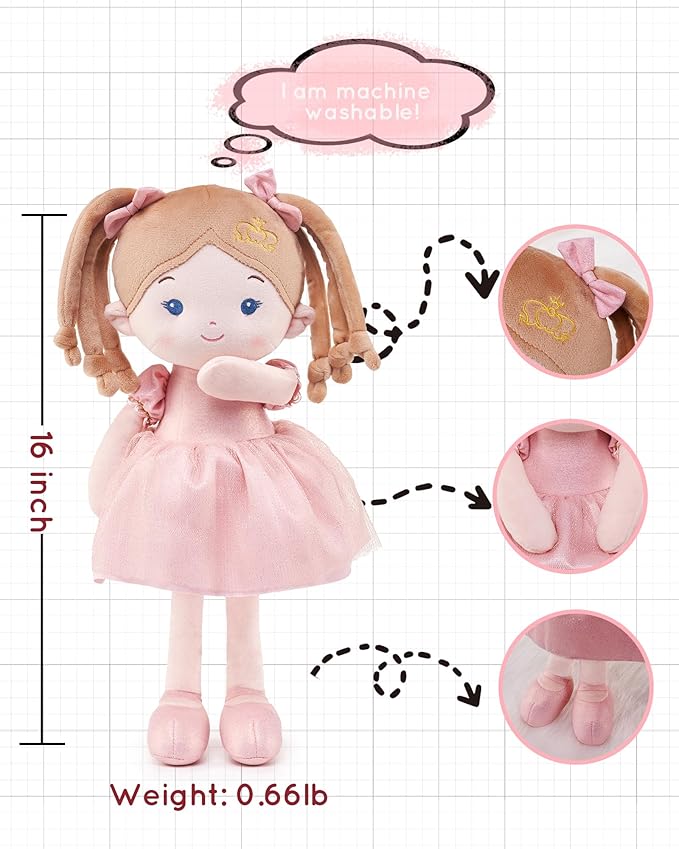 Soft Baby Doll Toys (16''), My First Baby Rag Doll for 1 Year-Old Girl Birthday Gift, Christmas Plush Toys Gift for Toddler Kids Infants-Princess-Coral