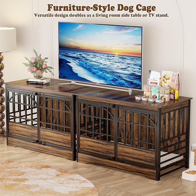 COZPAW 52 Inch Dog Crate Furniture, Extra Large Dog Kennel Indoor for XLarge Breed, Heavy Duty Dog Cage with Double Elegant Arched Doors, Decorate as TV Stand & End Table-Retro Brown