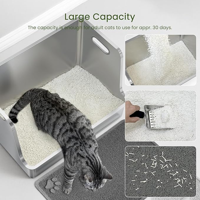 One-Piece Stainless Steel Litter Box, 14.5" High-Side XL Metal Cat Litter Box, Extra Wide Entry Pet Toilet, Cat Litter Station with Wheels, Easy to Move, Non-Stick, No Odor, for Big or Multiple Cats