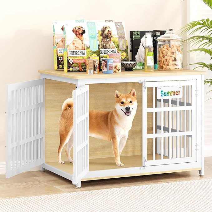EasyCom Heavy Duty Dog Kennel Indoor with Name Tag, 41" Dog Crate Furniture for Medium Dogs, Double-Doors Sturdy Metal Dog Cage for Anxiety Dog, Decorate House as TV Stand, End Table, Bedside Table