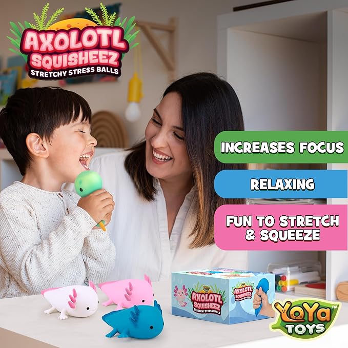 YoYa Toys Squisheez Axolotl 4Pack - Mini Squishy Animal Toys for Stress Relief - Fun and Cute Toys for Kids and Adults - Kawaii Squishies in Pink, White, Green, and Blue