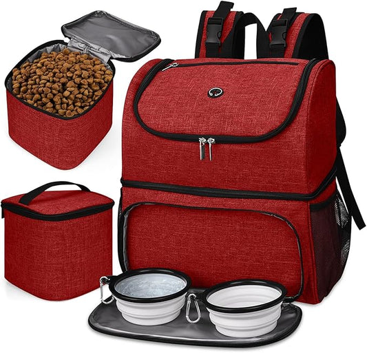 BAGLHER Pet Travel Bag, Double-Layer Pet Supplies Backpack (for All Pet Travel Supplies), Pet Travel Backpack with 2 Silicone Collapsible Bowls and 2 Food Baskets Red
