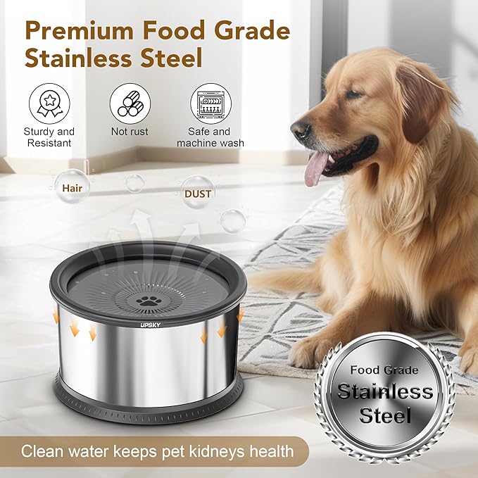 UPSKY 3.5L Dog Water Bowl,Large Capacity No Spill Dog Water Bowl,Stainless Steel Spill Proof Slow Water Feeder,No Splash Water Bowl with Anti-Slip Mat for Messy Drinkers Grey