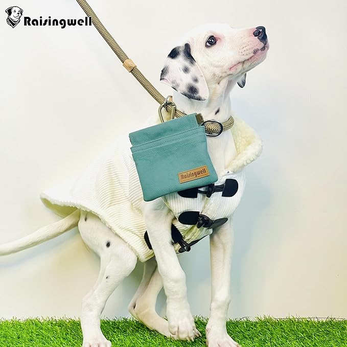 Dog Treat Pouch, Green Pocket Sized Pet Training Pouch, Cotton Fabric, Hand Free Dog Walking Bag with Carabiner, Self-Closing Pet Feed Snack Reward, for Puppy Travel or Outdoor Use