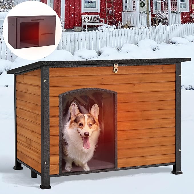 GUTINNEEN Large Insulated Dog House for Winter Outdoor Dog Kennel with Anti-Chewing Metal Frame for Medium to Large Dogs, Brown Color