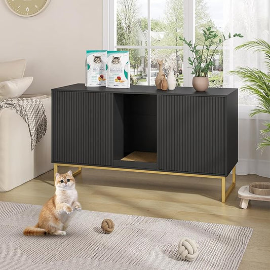 Litter Box Enclosure for 2 Cats, Fluted Hidden Cat Litter Box Furniture with Scratch Pad and Metal Legs, Modern Double Room Kitty House for Living Room, Washroom, 47.2”L x 17.7”W x 25.9”H, Black