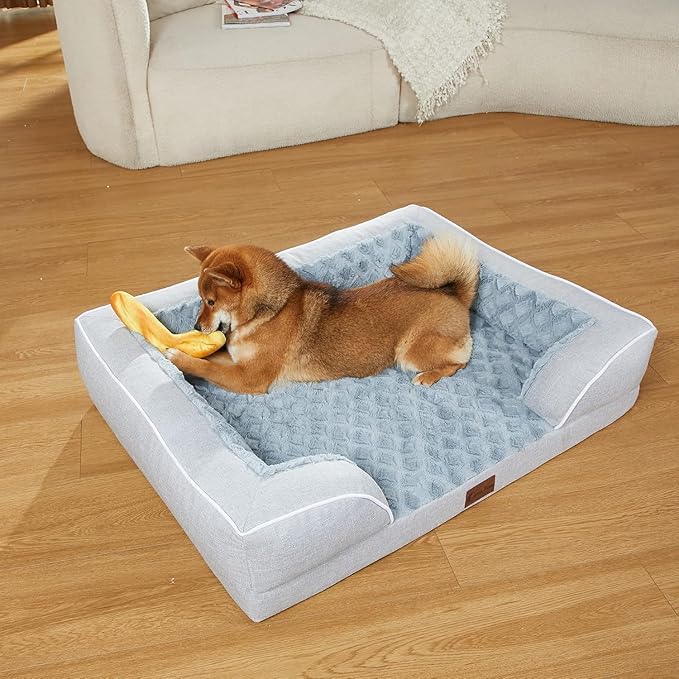 Orthopedic Waterproof Dog Bed for Extra Large Dogs, Memory Foam XL Dog Bed with Sides, Egg-Crate Foam and Non-Slip Bottom Jumbo Dogs Couch Beds with Washable Removable Cover(Jumbo,Light Grey)