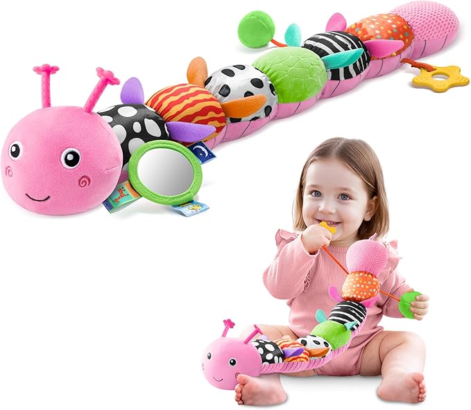 Baby Toys 0-6-12 Months,Musical Caterpillar Stuffed Animals Activity Infant Toys with Crinkle,Rattles,Mirror&Pull String,Muti-Sensory Toys Gifts for Newborn Tummy Time,Candy Pink|Leafy