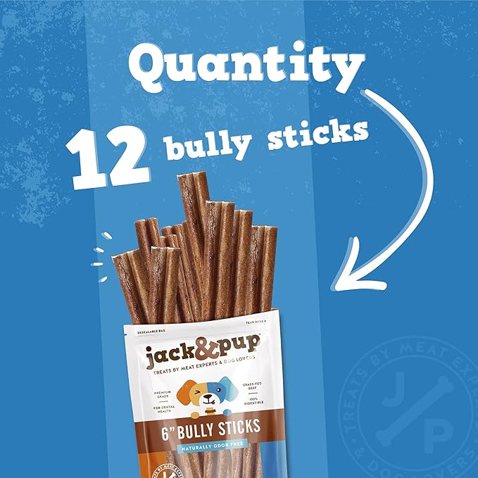 Jack&Pup 6-inch Pizzle Sticks for Dogs (12 Pack) All Natural Jumbo Bully Sticks | Long Lasting Bully Sticks for Medium Dogs