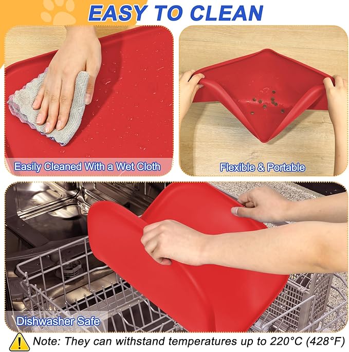 Silicone Pet Feeding Mat with Raised Edge for Food and Water, Dog Bowl Mats, Cat Bowls Placemat with High Lip for Floor Waterproof, Rubber Tray for Cats and Dogs 22 x 14 x0.8 Red