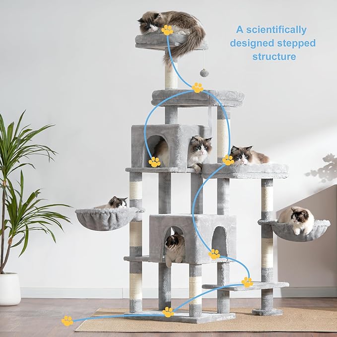 Hey-brother Cat Tree Tower, Scratching Posts with a Extended Part, Wide Platforms, Cozy Condos, Hammocks, Sisal Columns and Ball for Indoor Cats, 70.1 Inches, Light Gray MPJ038W