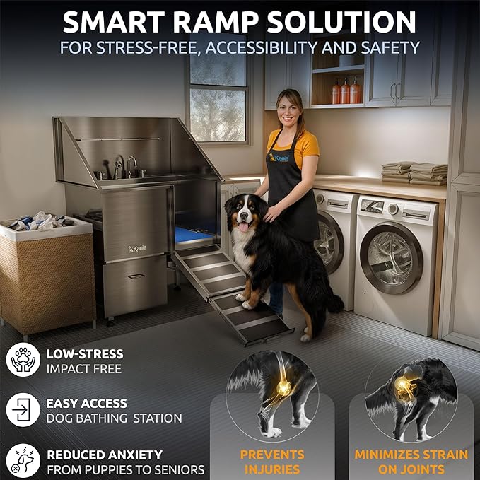 KANIS Professional Dog Washing Station - 304 Stainless Steel Pet Wash Sink & Grooming Bath Tub for Home with Ramp, Shower, Floor Grate, Storage Drawer, Faucet, Drain Kit for Large, Medium & Small Pets