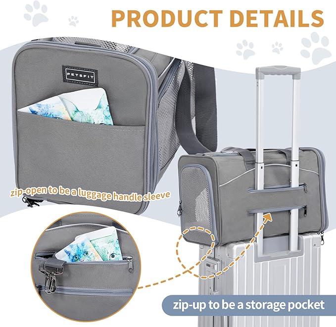 ‌Petsfit Airline Approved Pet Carrier for Small Cats, 16.5x8.6x11 TSA Approved Carrier, with Removable Dual-Sided Padding (2-Way Placement) - Fits Under Most Airplane Seats, Escape Proof (Gray)